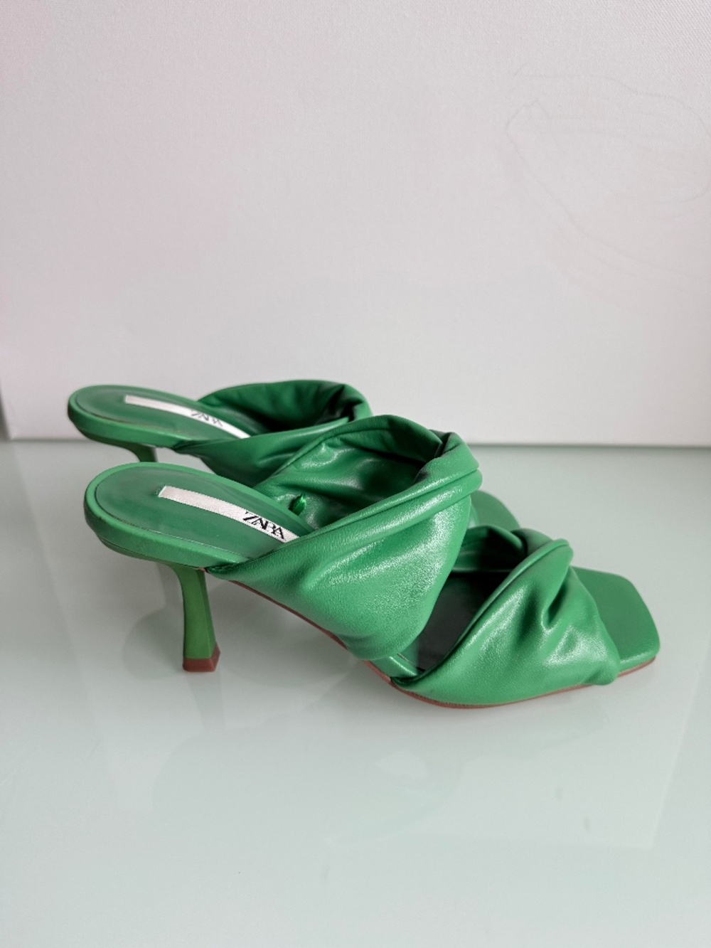 Zara Green Ruched Heeled Sandals Size 36 Double Strap Open Toe